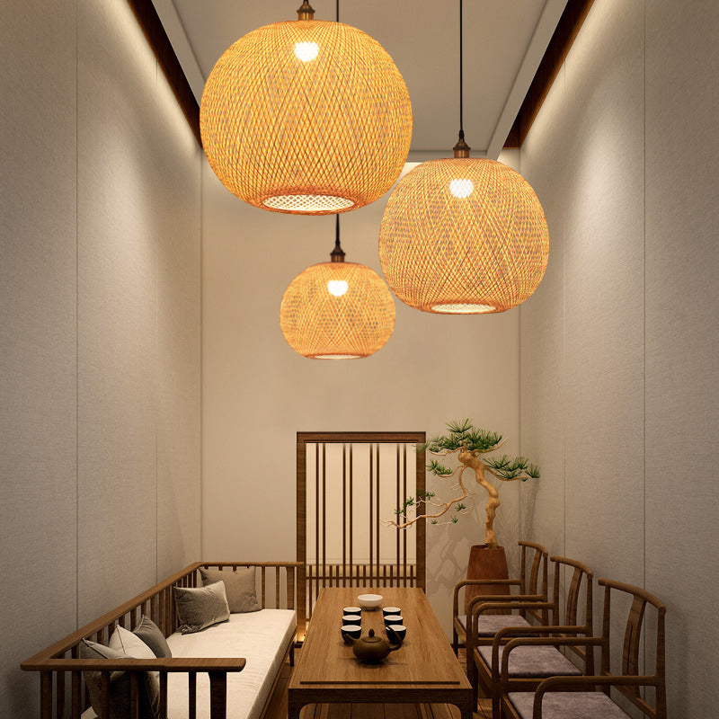 12"/14"/21.5" W 1 Bulb Dining Room Pendant Lamp Asian Beige Suspension Light with Ellipse Bamboo Shade Beige 12" Clearhalo 'Ceiling Lights' 'Modern Pendants' 'Modern' 'Pendant Lights' 'Pendants' Lighting' 1958197