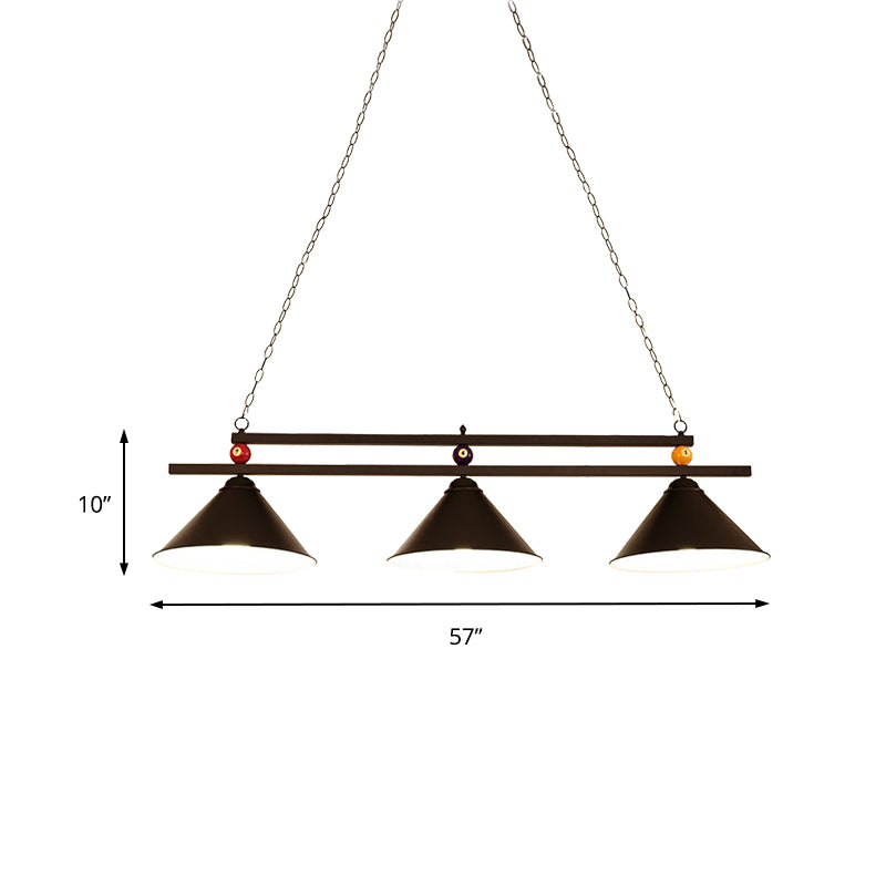 Industrial Style Cone Shade Ceiling Pendant 3 Heads Metal Island Lighting with Billiard Ball Deco in Black/Red Clearhalo 'Ceiling Lights' 'Island Lights' Lighting' 195823