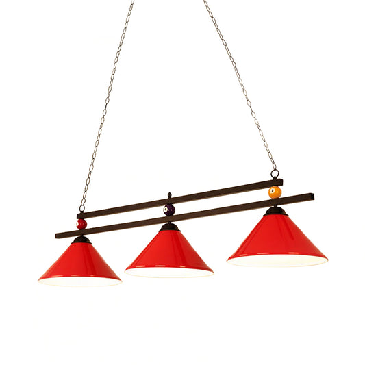 Industrial Style Cone Shade Ceiling Pendant 3 Heads Metal Island Lighting with Billiard Ball Deco in Black/Red Clearhalo 'Ceiling Lights' 'Island Lights' Lighting' 195826