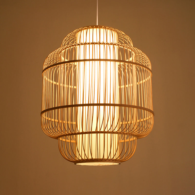 Cylinder/Donut/Raindrop Hanging Pendant Light Asian Bamboo 1 Bulb Beige Ceiling Light with Shade Inside Clearhalo 'Ceiling Lights' 'Modern Pendants' 'Modern' 'Pendant Lights' 'Pendants' Lighting' 1958302