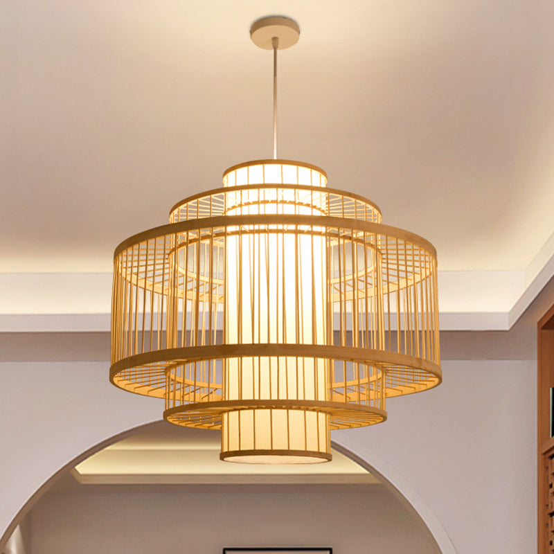 Cylinder/Donut/Raindrop Hanging Pendant Light Asian Bamboo 1 Bulb Beige Ceiling Light with Shade Inside Beige C Clearhalo 'Ceiling Lights' 'Modern Pendants' 'Modern' 'Pendant Lights' 'Pendants' Lighting' 1958312