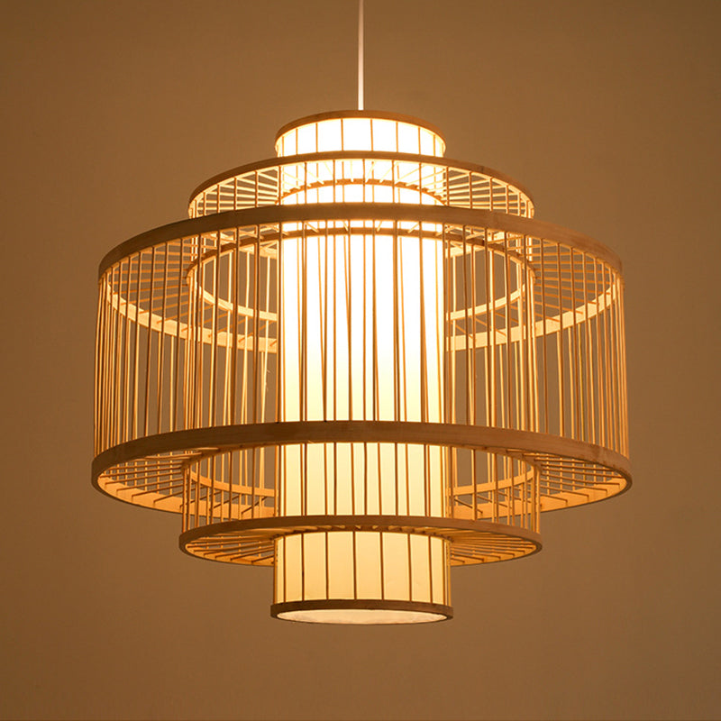 Cylinder/Donut/Raindrop Hanging Pendant Light Asian Bamboo 1 Bulb Beige Ceiling Light with Shade Inside Clearhalo 'Ceiling Lights' 'Modern Pendants' 'Modern' 'Pendant Lights' 'Pendants' Lighting' 1958314