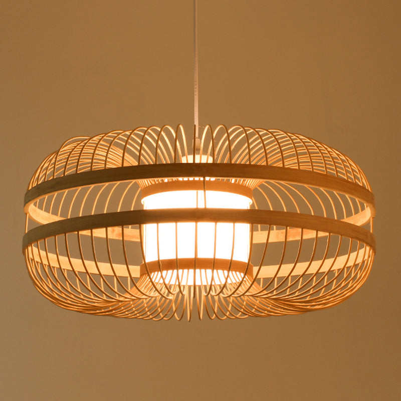 Cylinder/Donut/Raindrop Hanging Pendant Light Asian Bamboo 1 Bulb Beige Ceiling Light with Shade Inside Beige D Clearhalo 'Ceiling Lights' 'Modern Pendants' 'Modern' 'Pendant Lights' 'Pendants' Lighting' 1958317