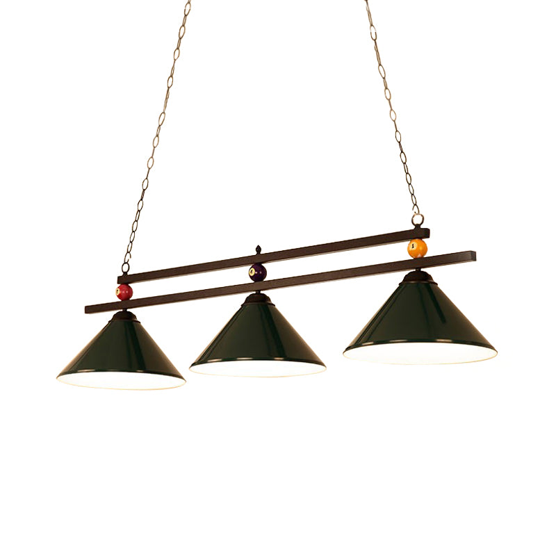 Industrial Style Cone Shade Ceiling Pendant 3 Heads Metal Island Lighting with Billiard Ball Deco in Black/Red Clearhalo 'Ceiling Lights' 'Island Lights' Lighting' 195832