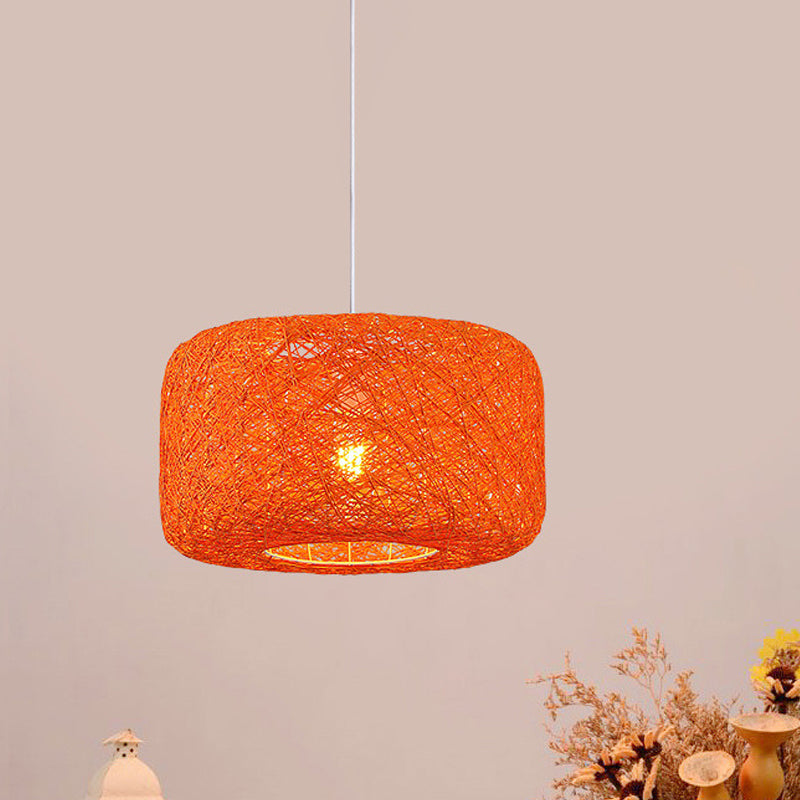 Red/Pink/Orange Drum Drop Pendant Macaron 1-Light Rattan Weaving Suspension Lighting for Bistro Orange Clearhalo 'Ceiling Lights' 'Modern Pendants' 'Modern' 'Pendant Lights' 'Pendants' Lighting' 1958321