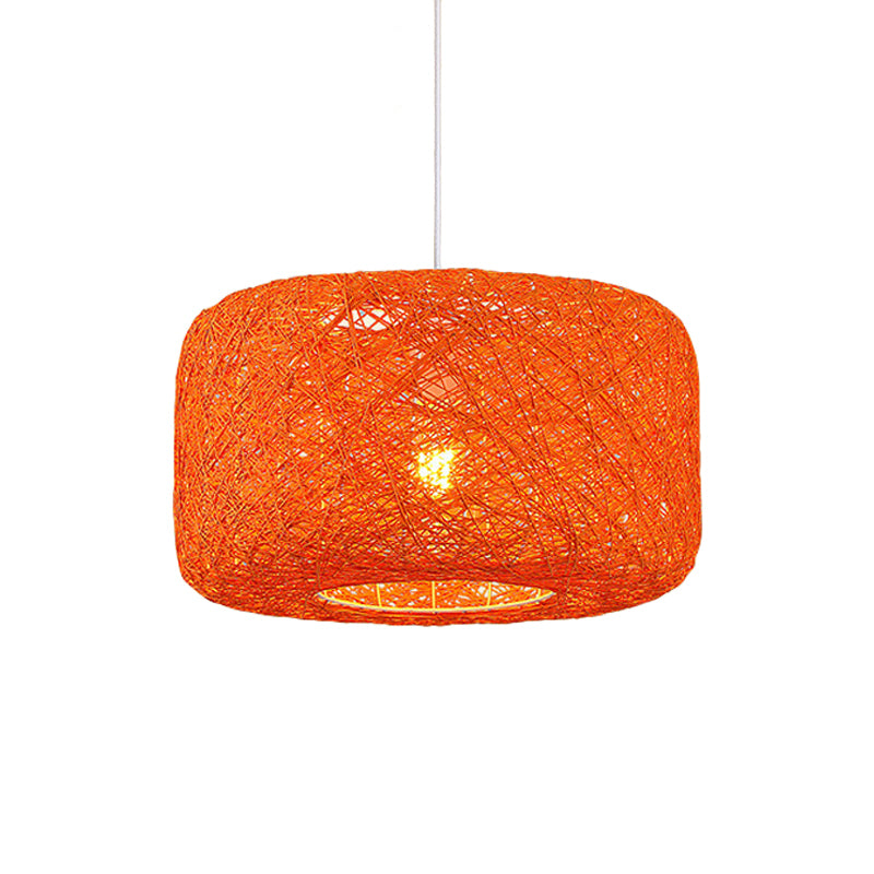Red/Pink/Orange Drum Drop Pendant Macaron 1-Light Rattan Weaving Suspension Lighting for Bistro Clearhalo 'Ceiling Lights' 'Modern Pendants' 'Modern' 'Pendant Lights' 'Pendants' Lighting' 1958323