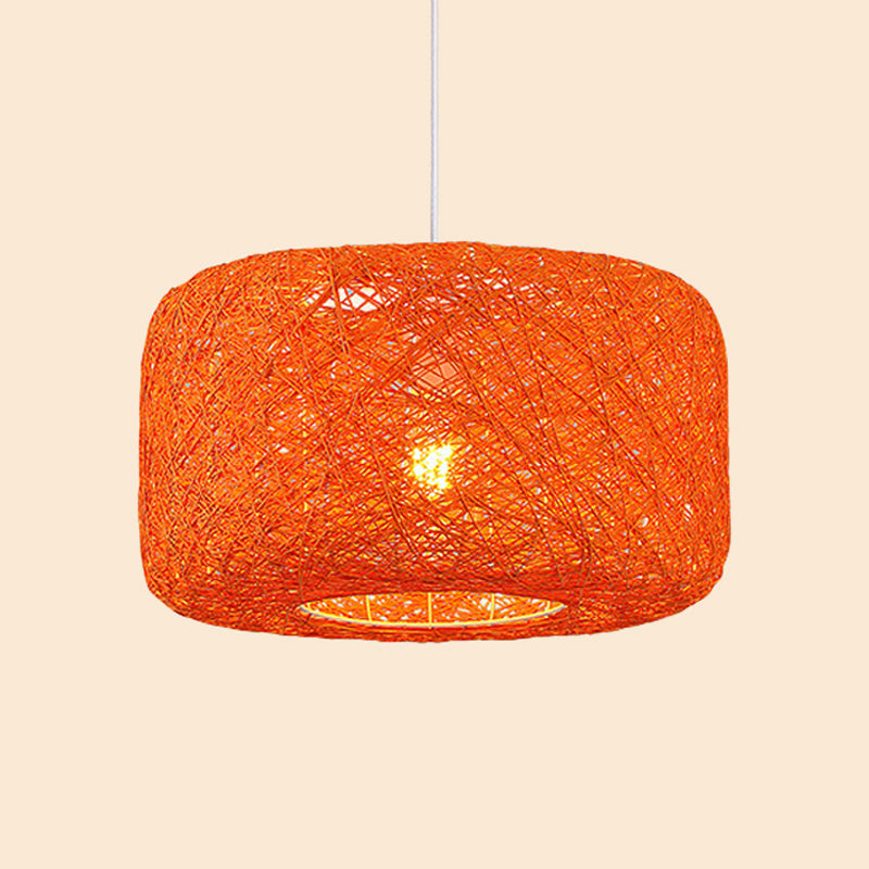 Red/Pink/Orange Drum Drop Pendant Macaron 1-Light Rattan Weaving Suspension Lighting for Bistro Clearhalo 'Ceiling Lights' 'Modern Pendants' 'Modern' 'Pendant Lights' 'Pendants' Lighting' 1958324