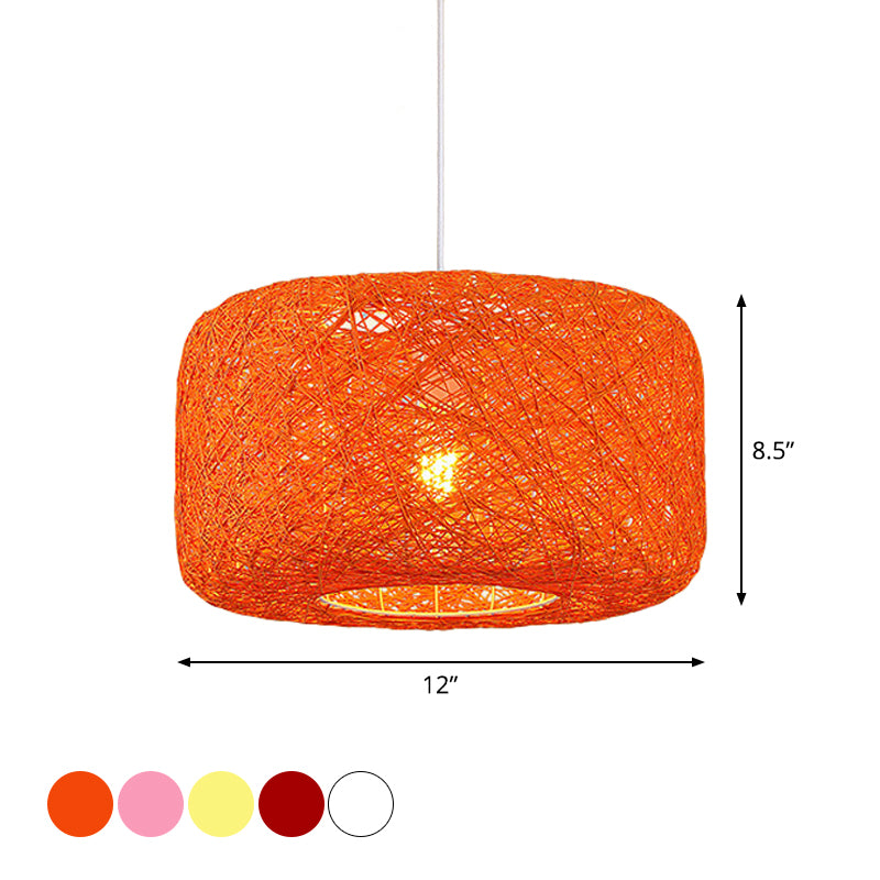 Red/Pink/Orange Drum Drop Pendant Macaron 1-Light Rattan Weaving Suspension Lighting for Bistro Clearhalo 'Ceiling Lights' 'Modern Pendants' 'Modern' 'Pendant Lights' 'Pendants' Lighting' 1958325