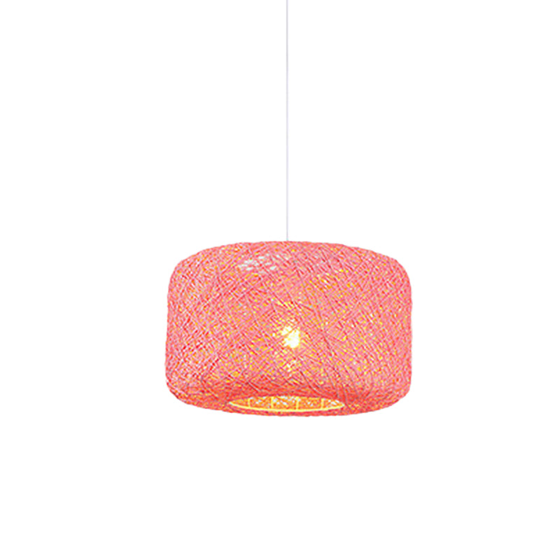 Red/Pink/Orange Drum Drop Pendant Macaron 1-Light Rattan Weaving Suspension Lighting for Bistro Clearhalo 'Ceiling Lights' 'Modern Pendants' 'Modern' 'Pendant Lights' 'Pendants' Lighting' 1958327