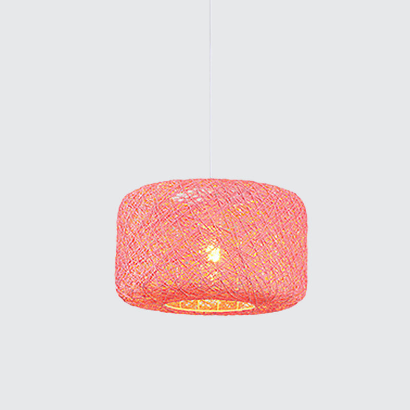 Red/Pink/Orange Drum Drop Pendant Macaron 1-Light Rattan Weaving Suspension Lighting for Bistro Clearhalo 'Ceiling Lights' 'Modern Pendants' 'Modern' 'Pendant Lights' 'Pendants' Lighting' 1958328