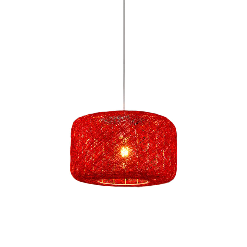 Red/Pink/Orange Drum Drop Pendant Macaron 1-Light Rattan Weaving Suspension Lighting for Bistro Red Clearhalo 'Ceiling Lights' 'Modern Pendants' 'Modern' 'Pendant Lights' 'Pendants' Lighting' 1958333