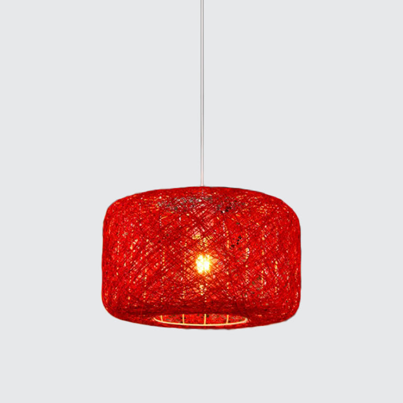 Red/Pink/Orange Drum Drop Pendant Macaron 1-Light Rattan Weaving Suspension Lighting for Bistro Clearhalo 'Ceiling Lights' 'Modern Pendants' 'Modern' 'Pendant Lights' 'Pendants' Lighting' 1958334