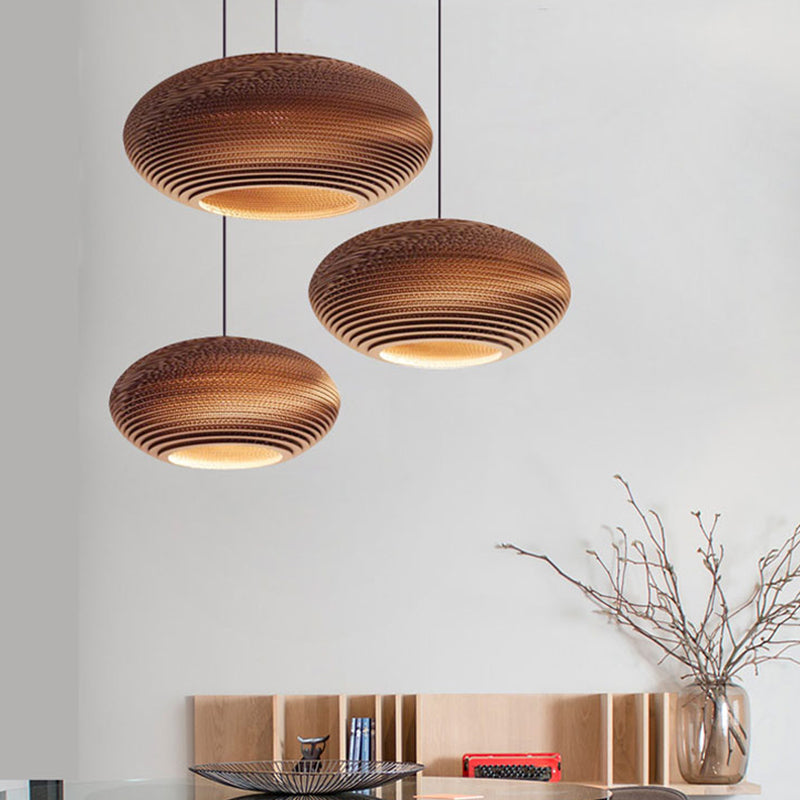 Globe/Oval/Vase Corrugated Paper Pendant Rustic Single Brown Hanging Light Fixture for Dining Room Brown Saucer Clearhalo 'Ceiling Lights' 'Modern Pendants' 'Modern' 'Pendant Lights' 'Pendants' Lighting' 1958338