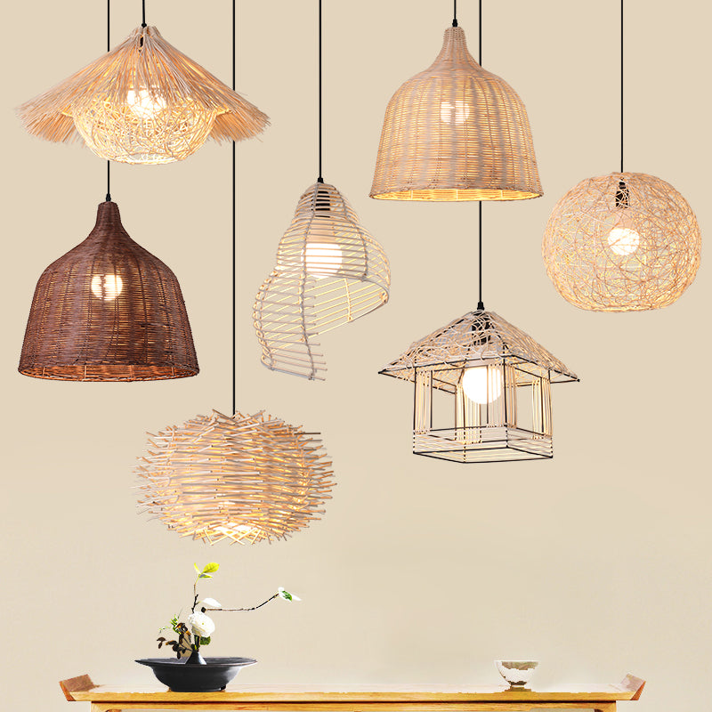 Ruffled Hat/Spiral/House Hanging Lamp Modernist Rattan 1-Light Beige Pendant Light Fixture over Table Clearhalo 'Ceiling Lights' 'Modern Pendants' 'Modern' 'Pendant Lights' 'Pendants' Lighting' 1958357