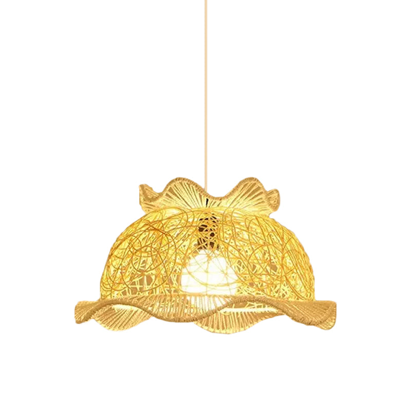 Ruffled Hat/Spiral/House Hanging Lamp Modernist Rattan 1-Light Beige Pendant Light Fixture over Table Beige Hat Clearhalo 'Ceiling Lights' 'Modern Pendants' 'Modern' 'Pendant Lights' 'Pendants' Lighting' 1958358