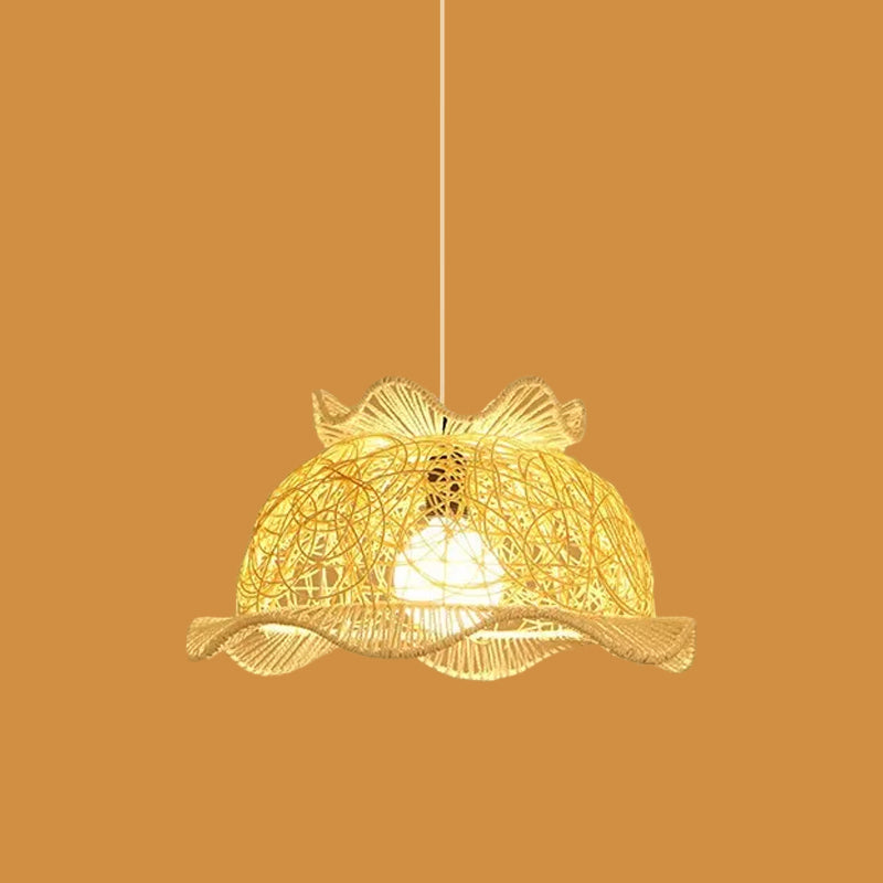 Ruffled Hat/Spiral/House Hanging Lamp Modernist Rattan 1-Light Beige Pendant Light Fixture over Table Clearhalo 'Ceiling Lights' 'Modern Pendants' 'Modern' 'Pendant Lights' 'Pendants' Lighting' 1958359