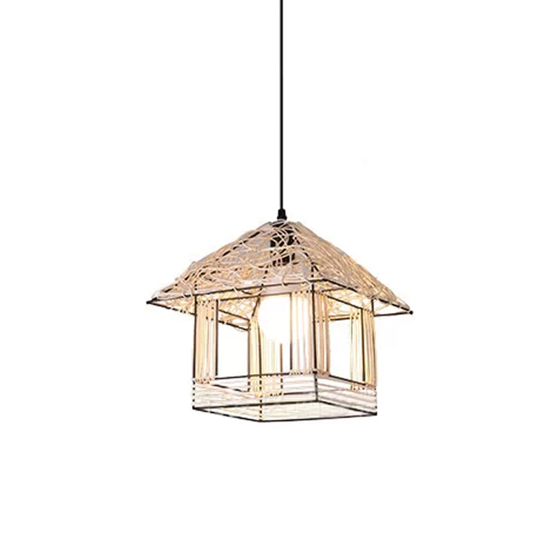 Ruffled Hat/Spiral/House Hanging Lamp Modernist Rattan 1-Light Beige Pendant Light Fixture over Table Beige House Clearhalo 'Ceiling Lights' 'Modern Pendants' 'Modern' 'Pendant Lights' 'Pendants' Lighting' 1958364