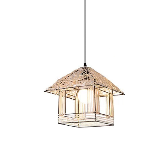 Ruffled Hat/Spiral/House Hanging Lamp Modernist Rattan 1-Light Beige Pendant Light Fixture over Table Beige House Clearhalo 'Ceiling Lights' 'Modern Pendants' 'Modern' 'Pendant Lights' 'Pendants' Lighting' 1958364