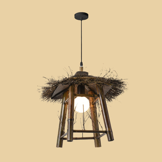 Beige Cone/Crescent/House Pendant Light Asian Style 1 Head Bamboo Woven Hanging Ceiling Light Clearhalo 'Ceiling Lights' 'Modern Pendants' 'Modern' 'Pendant Lights' 'Pendants' Lighting' 1958373