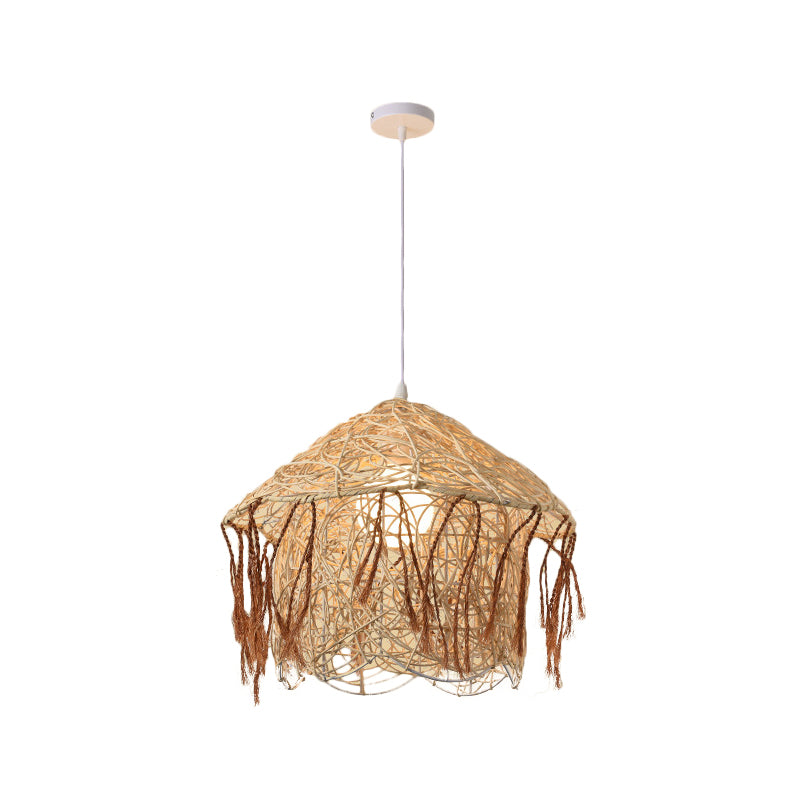 Beige Cone/Crescent/House Pendant Light Asian Style 1 Head Bamboo Woven Hanging Ceiling Light Beige E Clearhalo 'Ceiling Lights' 'Modern Pendants' 'Modern' 'Pendant Lights' 'Pendants' Lighting' 1958381