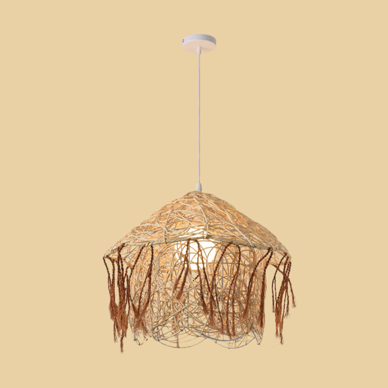 Beige Cone/Crescent/House Pendant Light Asian Style 1 Head Bamboo Woven Hanging Ceiling Light Clearhalo 'Ceiling Lights' 'Modern Pendants' 'Modern' 'Pendant Lights' 'Pendants' Lighting' 1958382