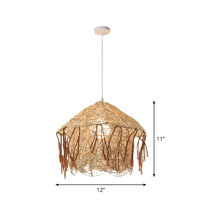 Beige Cone/Crescent/House Pendant Light Asian Style 1 Head Bamboo Woven Hanging Ceiling Light Clearhalo 'Ceiling Lights' 'Modern Pendants' 'Modern' 'Pendant Lights' 'Pendants' Lighting' 1958383