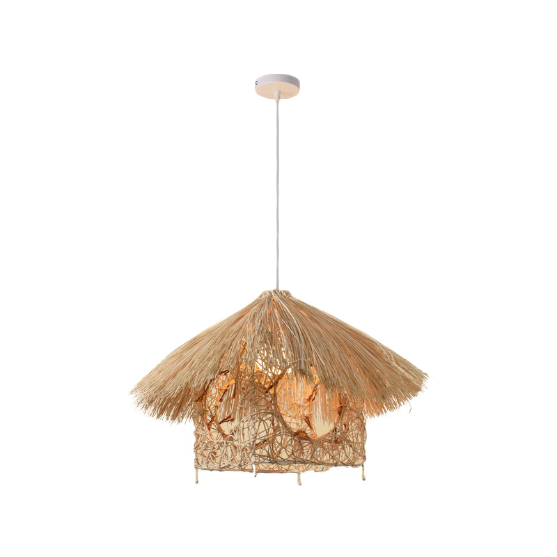Beige Cone/Crescent/House Pendant Light Asian Style 1 Head Bamboo Woven Hanging Ceiling Light Beige F Clearhalo 'Ceiling Lights' 'Modern Pendants' 'Modern' 'Pendant Lights' 'Pendants' Lighting' 1958384