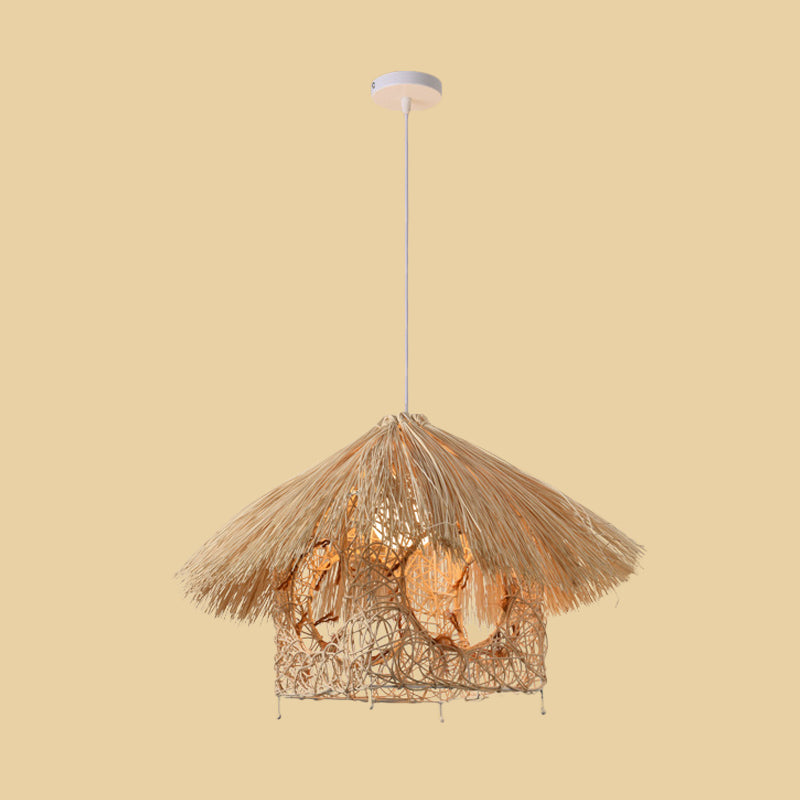 Beige Cone/Crescent/House Pendant Light Asian Style 1 Head Bamboo Woven Hanging Ceiling Light Clearhalo 'Ceiling Lights' 'Modern Pendants' 'Modern' 'Pendant Lights' 'Pendants' Lighting' 1958385