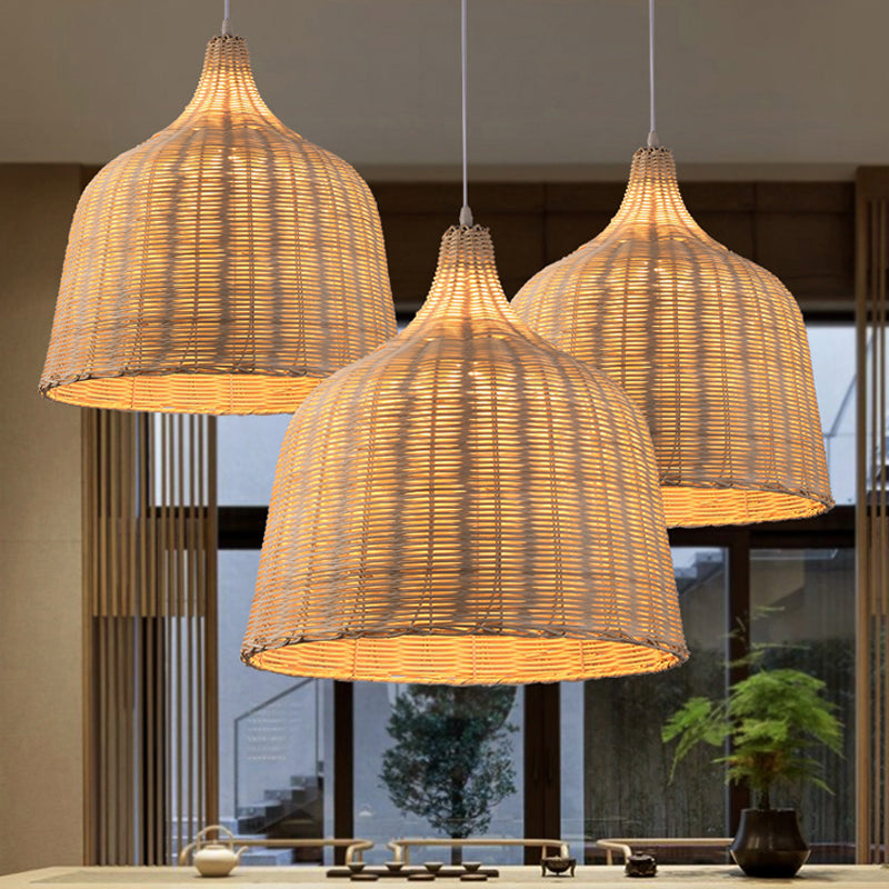 Rattan Cloche Shaped Pendulum Light Contemporary 1 Bulb 10"/14"/23.5" Wide Beige Ceiling Hang Lamp for Tearoom Beige Clearhalo 'Ceiling Lights' 'Modern Pendants' 'Modern' 'Pendant Lights' 'Pendants' Lighting' 1958393