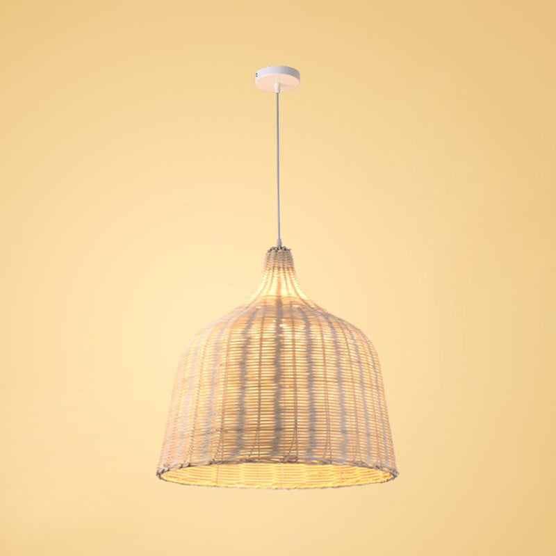 Rattan Cloche Shaped Pendulum Light Contemporary 1 Bulb 10"/14"/23.5" Wide Beige Ceiling Hang Lamp for Tearoom Clearhalo 'Ceiling Lights' 'Modern Pendants' 'Modern' 'Pendant Lights' 'Pendants' Lighting' 1958396