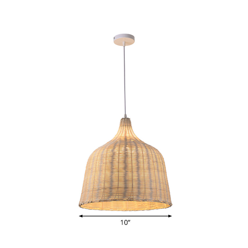 Rattan Cloche Shaped Pendulum Light Contemporary 1 Bulb 10"/14"/23.5" Wide Beige Ceiling Hang Lamp for Tearoom Clearhalo 'Ceiling Lights' 'Modern Pendants' 'Modern' 'Pendant Lights' 'Pendants' Lighting' 1958397
