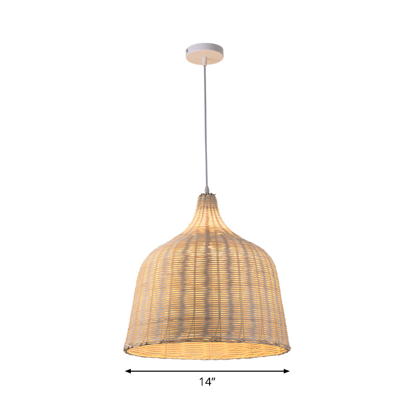 Rattan Cloche Shaped Pendulum Light Contemporary 1 Bulb 10"/14"/23.5" Wide Beige Ceiling Hang Lamp for Tearoom Clearhalo 'Ceiling Lights' 'Modern Pendants' 'Modern' 'Pendant Lights' 'Pendants' Lighting' 1958398