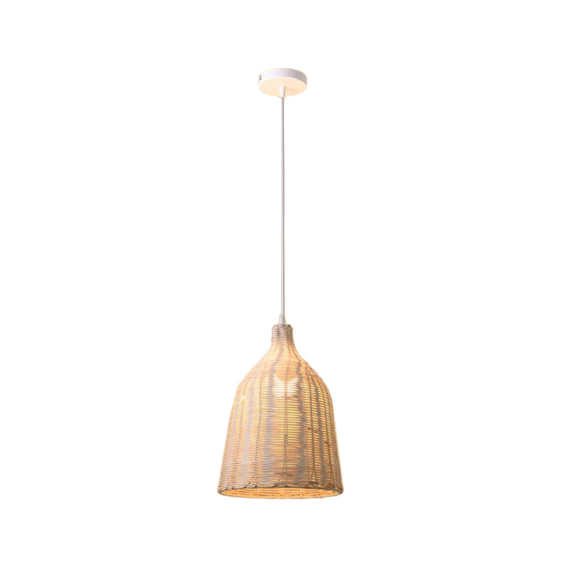 Rattan Cloche Shaped Pendulum Light Contemporary 1 Bulb 10"/14"/23.5" Wide Beige Ceiling Hang Lamp for Tearoom Beige 12" Clearhalo 'Ceiling Lights' 'Modern Pendants' 'Modern' 'Pendant Lights' 'Pendants' Lighting' 1958401