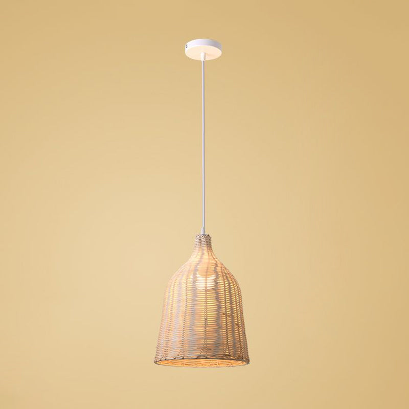 Rattan Cloche Shaped Pendulum Light Contemporary 1 Bulb 10"/14"/23.5" Wide Beige Ceiling Hang Lamp for Tearoom Clearhalo 'Ceiling Lights' 'Modern Pendants' 'Modern' 'Pendant Lights' 'Pendants' Lighting' 1958402