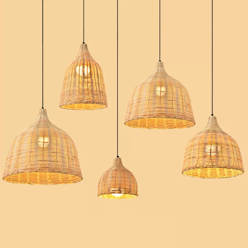 Hand-Worked Bell Hanging Lamp Asia Bamboo 1-Light Beige Down Lighting Pendant for Restaurant, 10"/12"/23.5" Wide Beige 10" Clearhalo 'Ceiling Lights' 'Modern Pendants' 'Modern' 'Pendant Lights' 'Pendants' Lighting' 1958404