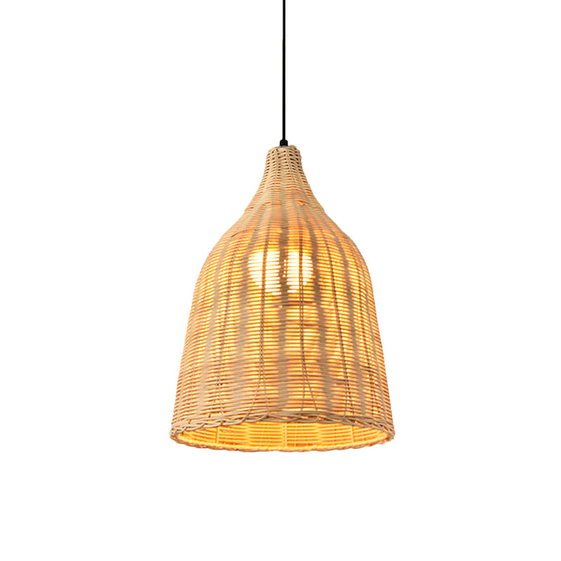 Hand-Worked Bell Hanging Lamp Asia Bamboo 1-Light Beige Down Lighting Pendant for Restaurant, 10"/12"/23.5" Wide Beige 12" Clearhalo 'Ceiling Lights' 'Modern Pendants' 'Modern' 'Pendant Lights' 'Pendants' Lighting' 1958409