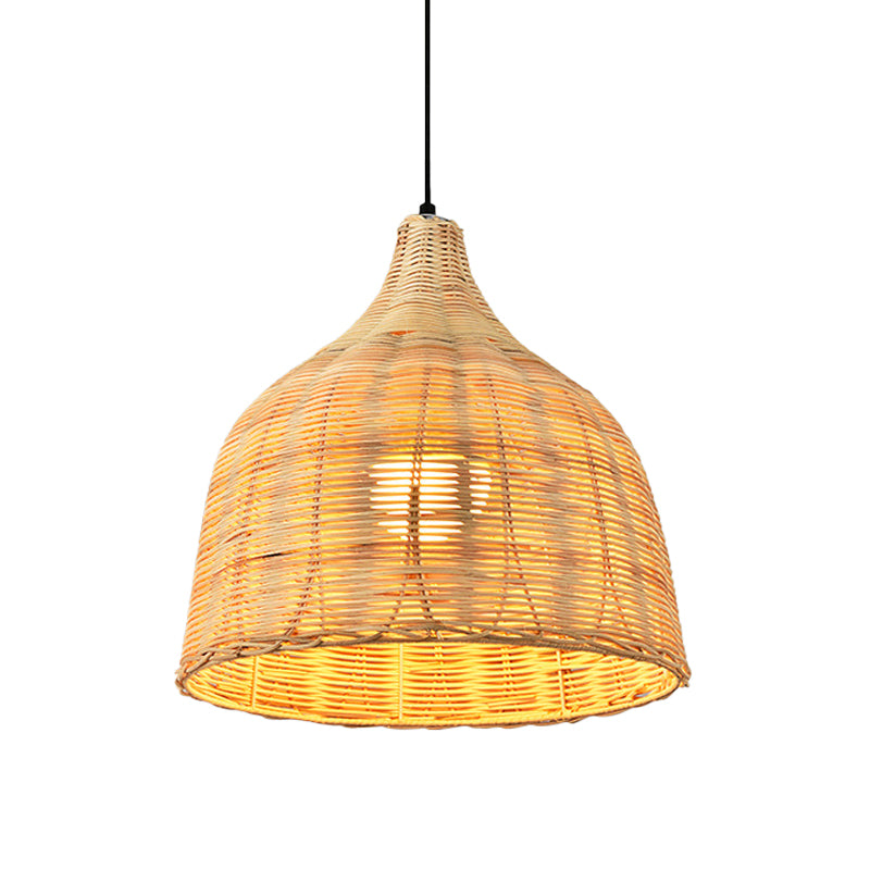 Hand-Worked Bell Hanging Lamp Asia Bamboo 1-Light Beige Down Lighting Pendant for Restaurant, 10"/12"/23.5" Wide Beige 14" Clearhalo 'Ceiling Lights' 'Modern Pendants' 'Modern' 'Pendant Lights' 'Pendants' Lighting' 1958412