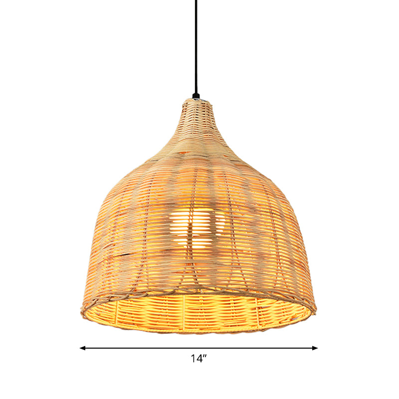 Hand-Worked Bell Hanging Lamp Asia Bamboo 1-Light Beige Down Lighting Pendant for Restaurant, 10"/12"/23.5" Wide Clearhalo 'Ceiling Lights' 'Modern Pendants' 'Modern' 'Pendant Lights' 'Pendants' Lighting' 1958414