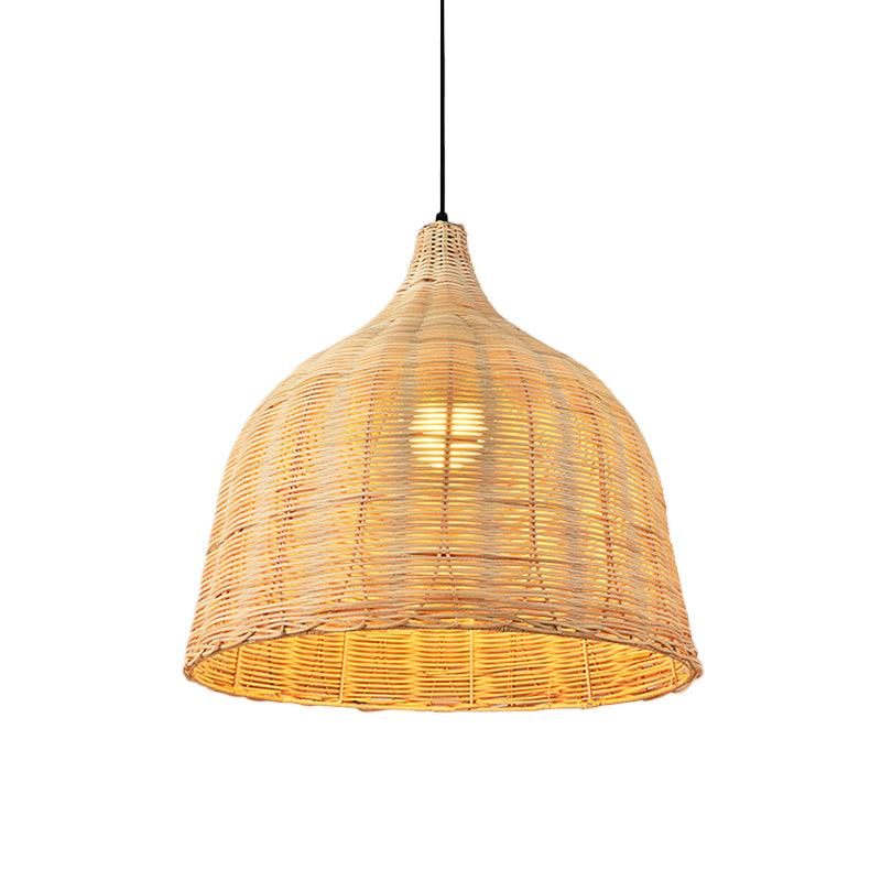 Hand-Worked Bell Hanging Lamp Asia Bamboo 1-Light Beige Down Lighting Pendant for Restaurant, 10"/12"/23.5" Wide Beige 18" Clearhalo 'Ceiling Lights' 'Modern Pendants' 'Modern' 'Pendant Lights' 'Pendants' Lighting' 1958415