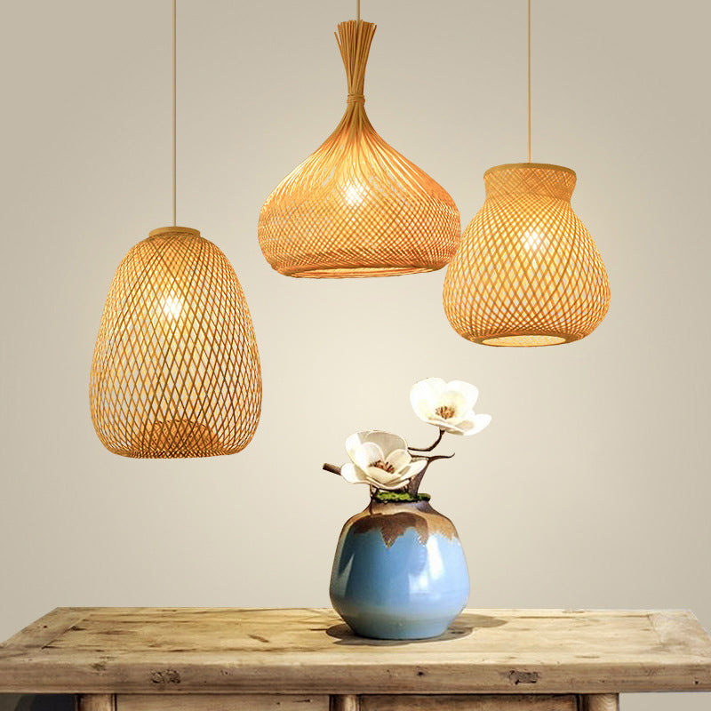 Asian Jug/Twisted/Globe Shaped Pendant Lamp Bamboo 1 Head Restaurant Suspended Lighting Fixture in Beige Beige C Clearhalo 'Ceiling Lights' 'Modern Pendants' 'Modern' 'Pendant Lights' 'Pendants' Lighting' 1958421