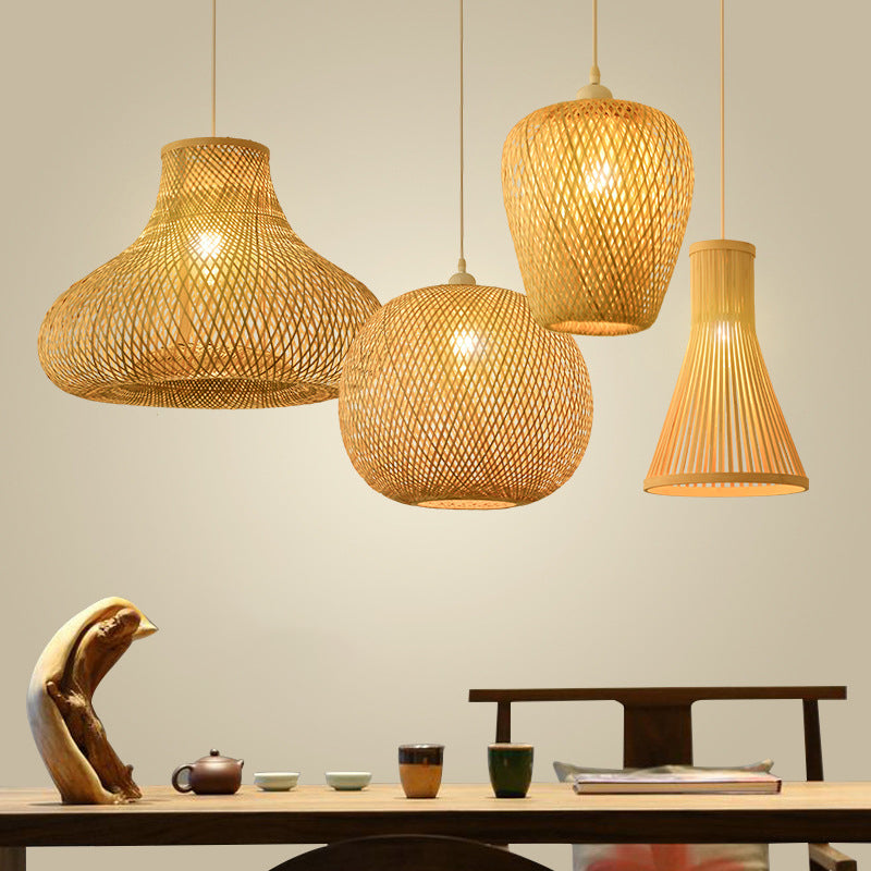 Asian Jug/Twisted/Globe Shaped Pendant Lamp Bamboo 1 Head Restaurant Suspended Lighting Fixture in Beige Clearhalo 'Ceiling Lights' 'Modern Pendants' 'Modern' 'Pendant Lights' 'Pendants' Lighting' 1958422