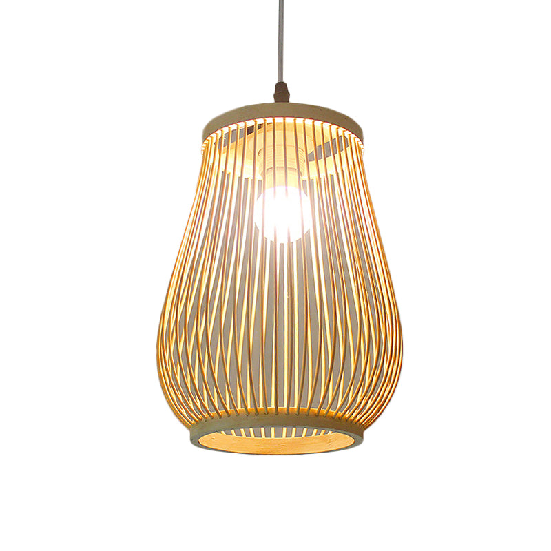 Funnel/Urn/Pear Ceiling Hang Light Asian Bamboo Single-Bulb Tearoom Hanging Pendant in Beige Beige A Clearhalo 'Ceiling Lights' 'Modern Pendants' 'Modern' 'Pendant Lights' 'Pendants' Lighting' 1958453