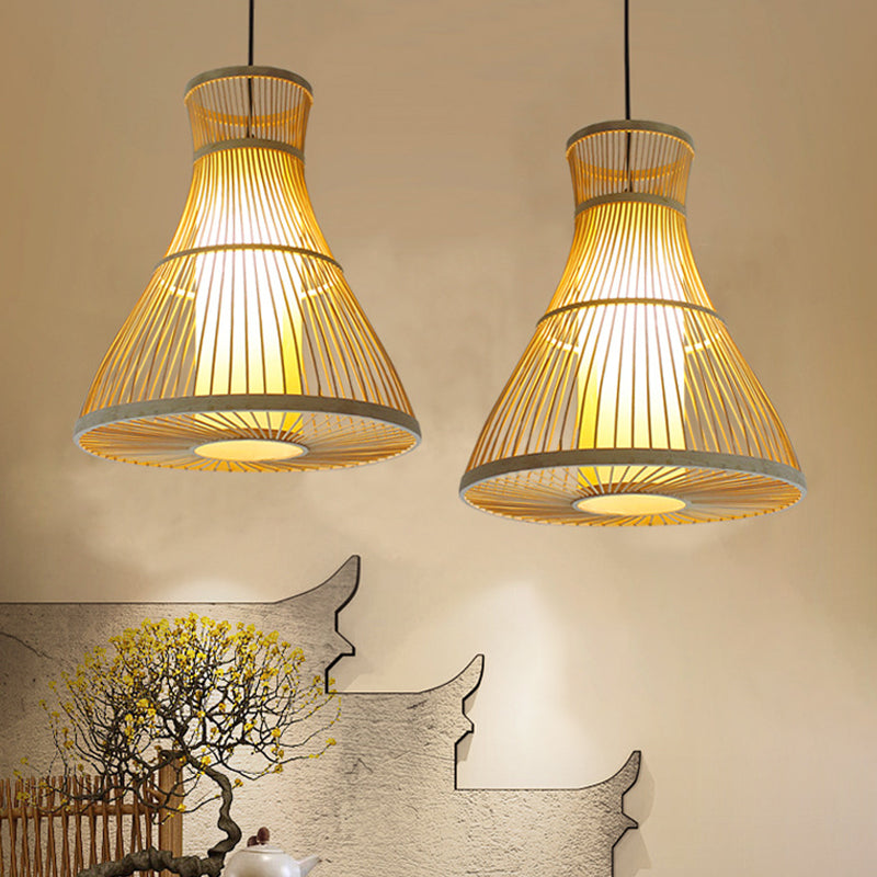 Funnel/Urn/Pear Ceiling Hang Light Asian Bamboo Single-Bulb Tearoom Hanging Pendant in Beige Beige B Clearhalo 'Ceiling Lights' 'Modern Pendants' 'Modern' 'Pendant Lights' 'Pendants' Lighting' 1958456