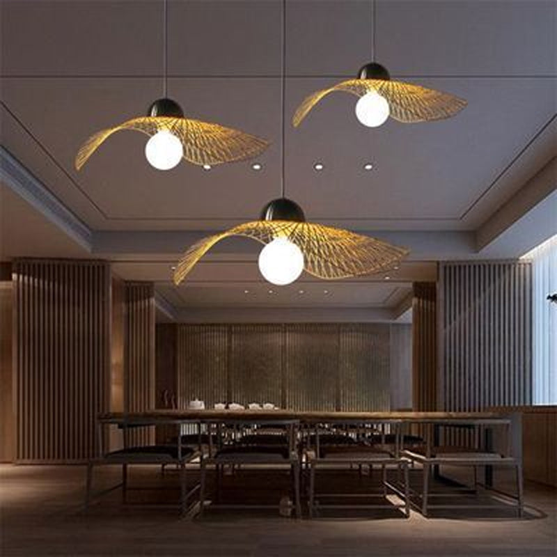 Asian Lotus Leaf Shape Pendant Lighting Bamboo 1 Bulb 14"/25.5"/41" Wide Restaurant Hanging Light Fixture in Beige Beige Clearhalo 'Ceiling Lights' 'Modern Pendants' 'Modern' 'Pendant Lights' 'Pendants' Lighting' 1958475