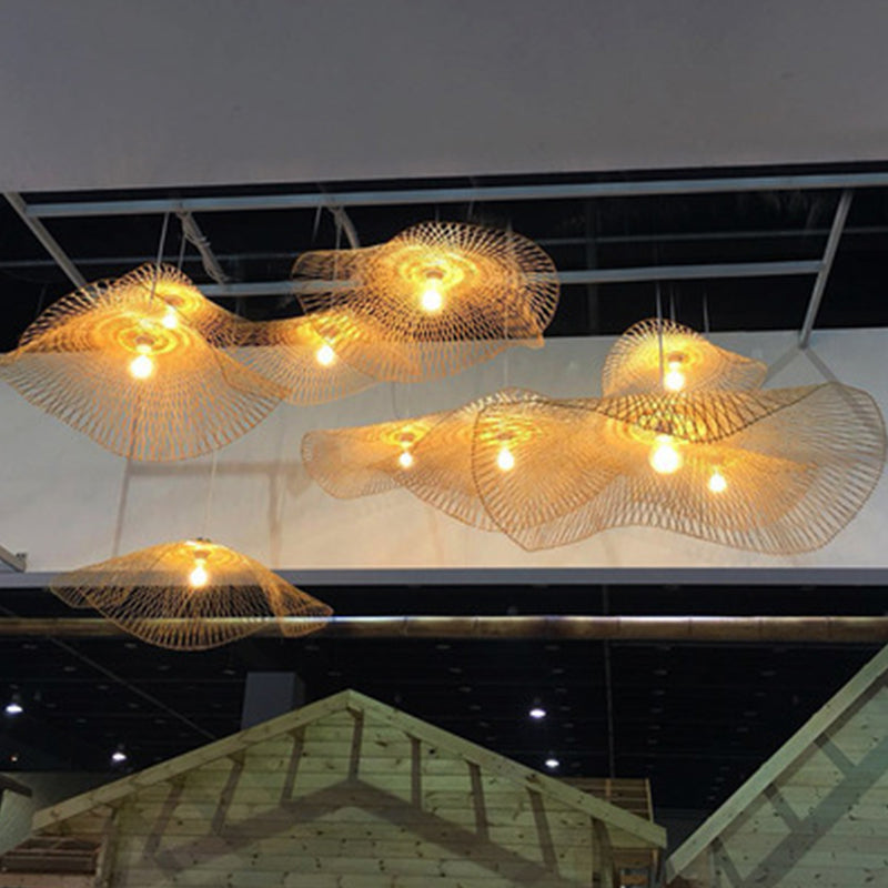 Asian Lotus Leaf Shape Pendant Lighting Bamboo 1 Bulb 14"/25.5"/41" Wide Restaurant Hanging Light Fixture in Beige Clearhalo 'Ceiling Lights' 'Modern Pendants' 'Modern' 'Pendant Lights' 'Pendants' Lighting' 1958476