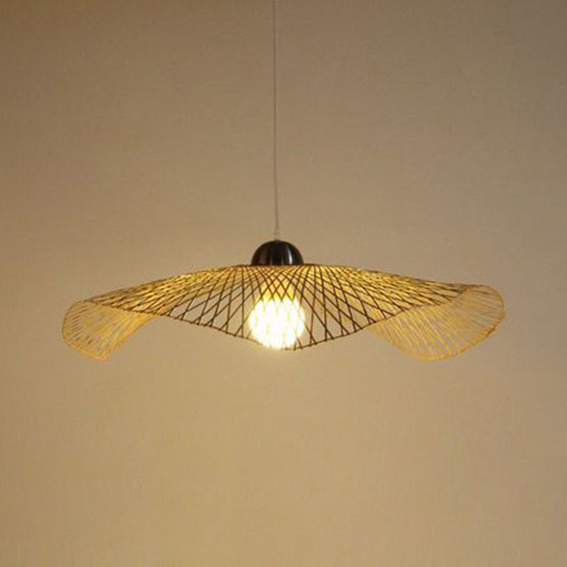 Asian Lotus Leaf Shape Pendant Lighting Bamboo 1 Bulb 14"/25.5"/41" Wide Restaurant Hanging Light Fixture in Beige Clearhalo 'Ceiling Lights' 'Modern Pendants' 'Modern' 'Pendant Lights' 'Pendants' Lighting' 1958478