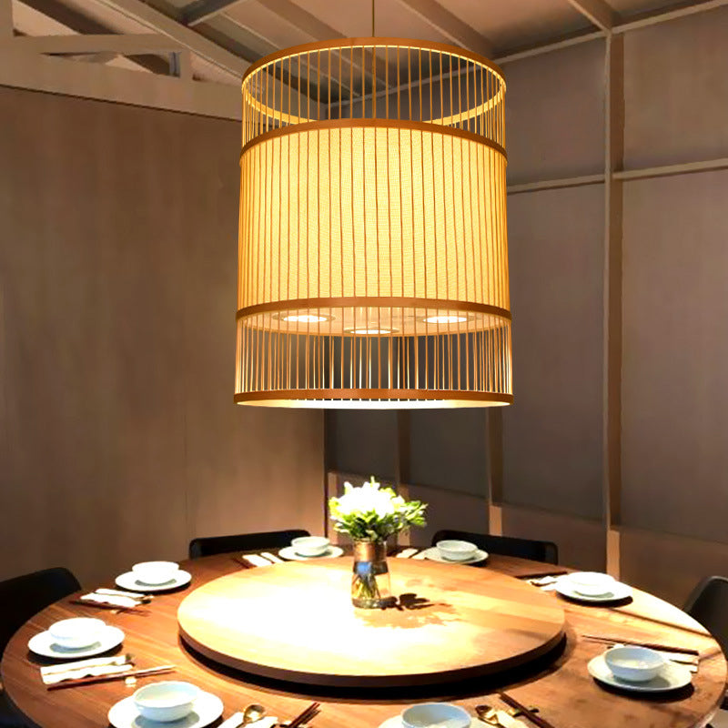 Beige Cylindrical Suspension Pendant Contemporary 1-Light Bamboo Ceiling Hang Lamp for Restaurant Beige Clearhalo 'Ceiling Lights' 'Modern Pendants' 'Modern' 'Pendant Lights' 'Pendants' Lighting' 1958486