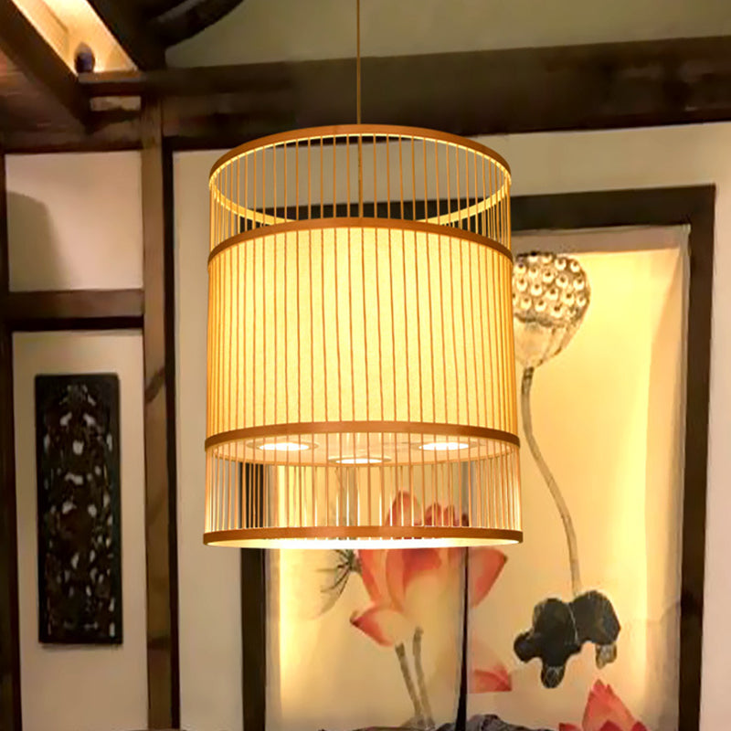 Beige Cylindrical Suspension Pendant Contemporary 1-Light Bamboo Ceiling Hang Lamp for Restaurant Clearhalo 'Ceiling Lights' 'Modern Pendants' 'Modern' 'Pendant Lights' 'Pendants' Lighting' 1958487