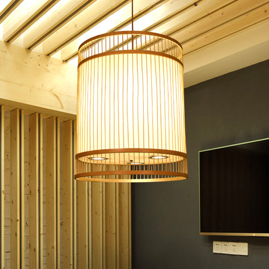 Beige Cylindrical Suspension Pendant Contemporary 1-Light Bamboo Ceiling Hang Lamp for Restaurant Clearhalo 'Ceiling Lights' 'Modern Pendants' 'Modern' 'Pendant Lights' 'Pendants' Lighting' 1958488
