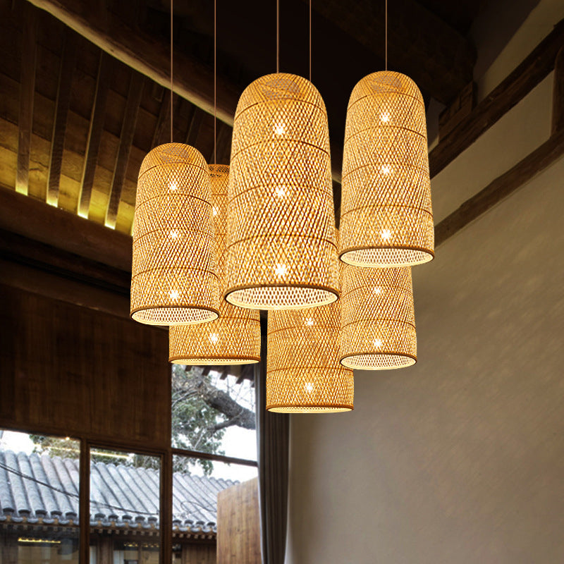 Bell/Bowl/Bottle Hallway Drop Pendant Criss-Cross Woven Bamboo Single-Bulb Asian Hanging Lamp in Beige Beige A Clearhalo 'Ceiling Lights' 'Modern Pendants' 'Modern' 'Pendant Lights' 'Pendants' Lighting' 1958492